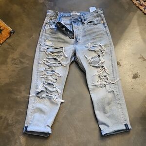 Trashed LEVI'S light Washed 501 Wedgie Straight Irregulars Blue Jeans 29